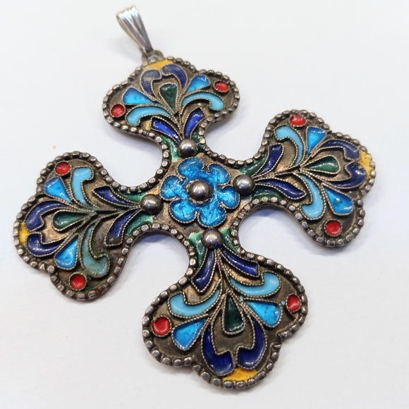 Art Deco 100% Pure Silver Enameled Cross Pendant Marked 1000 - Picture 5 of 7